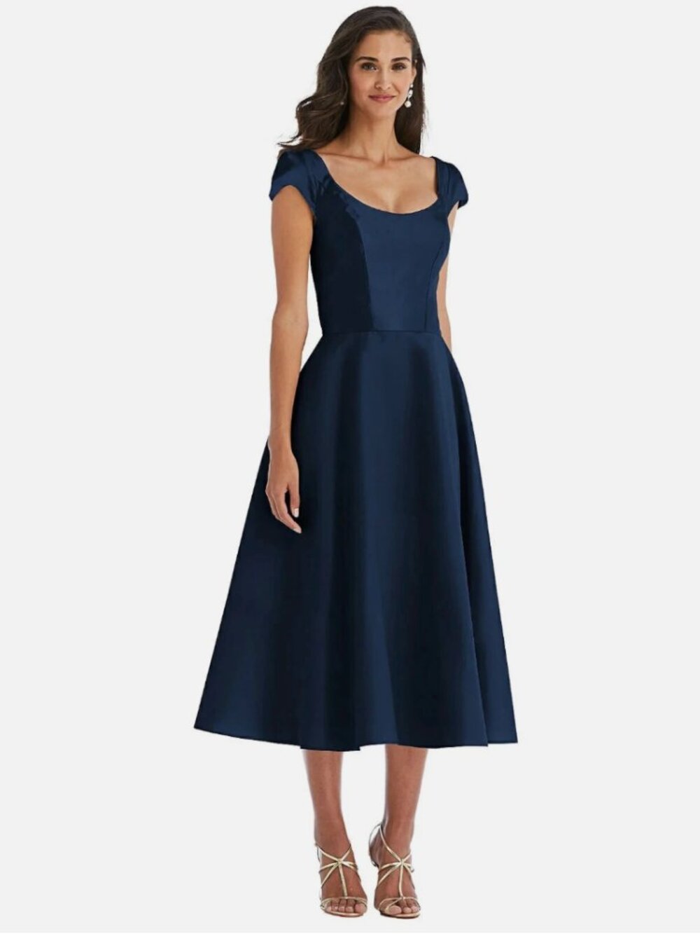 Alfred Sung Midnight Blue Cap Sleeve Satin Midi Cocktail Dress - Size 12R